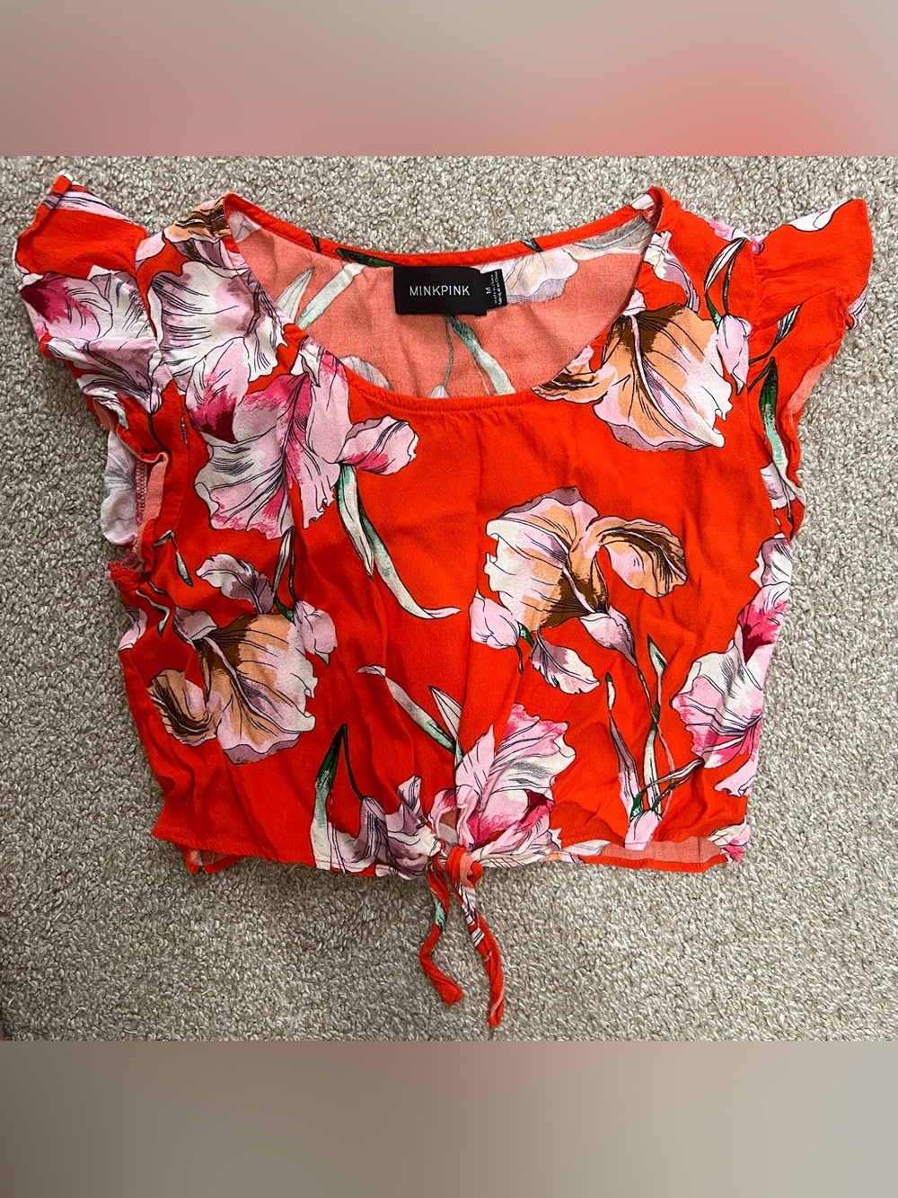 MINKPINK Floral Tie-Front Flutter Sleeve Crop Top Size Medium